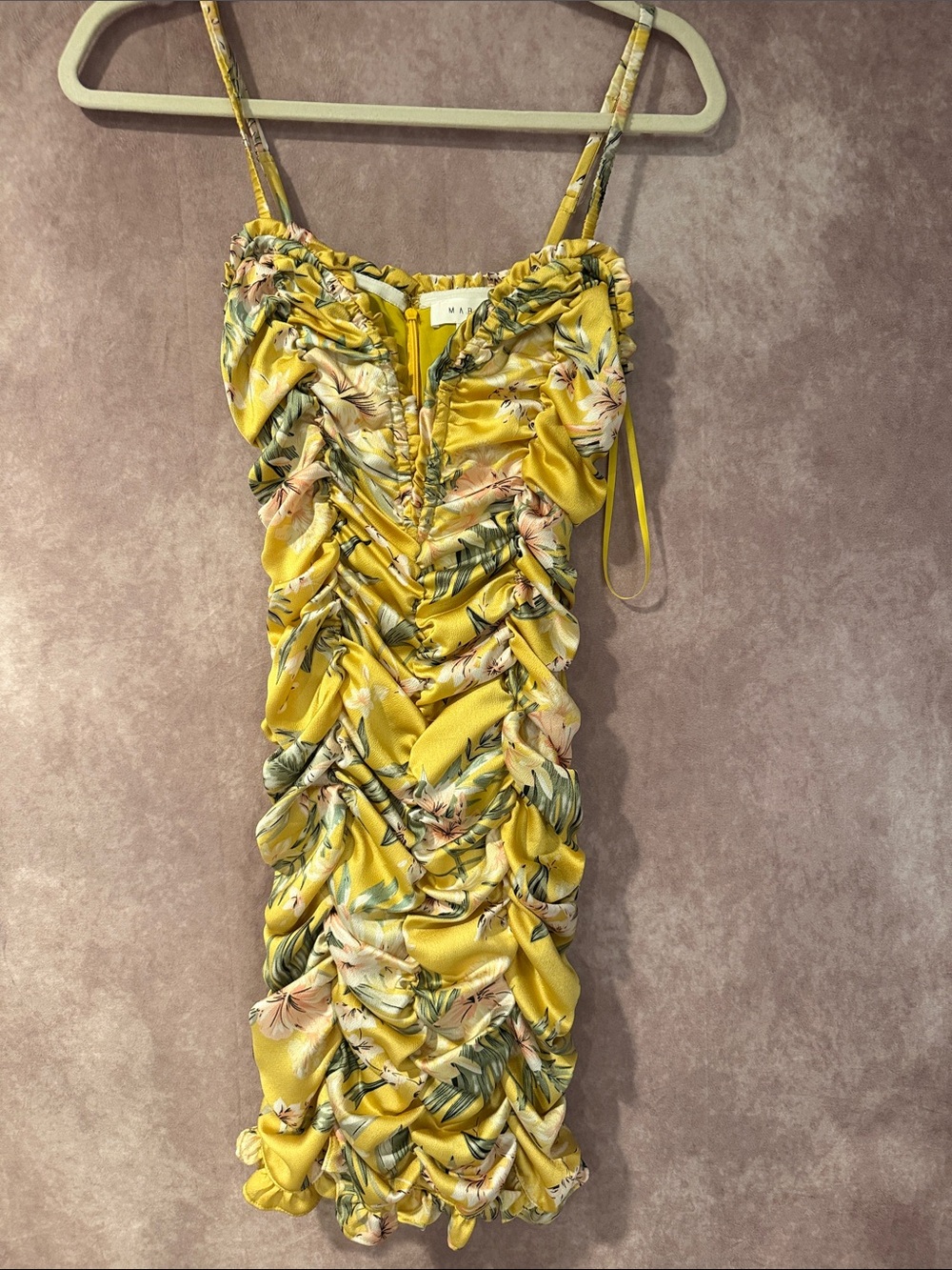 MARBLE Yellow Floral Ruched Spaghetti-Strap Mini Dress